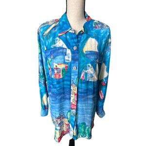 Saint Germain Sailboats Beach Theme Button Up Shirt Long Sleeve Blue Coastal